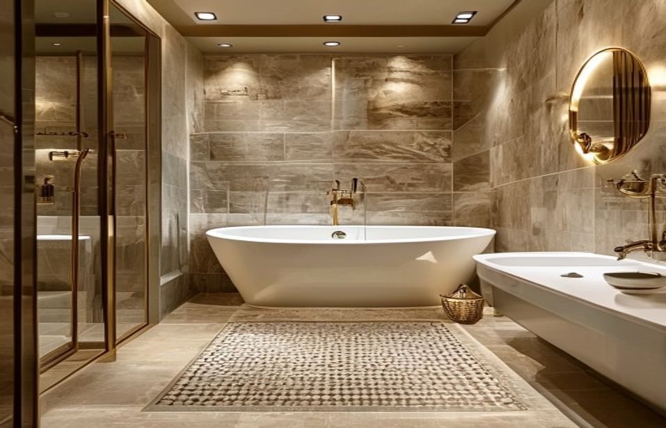 Bathroom remodel inspiration with stone tile, freestanding tub, and warm lighting