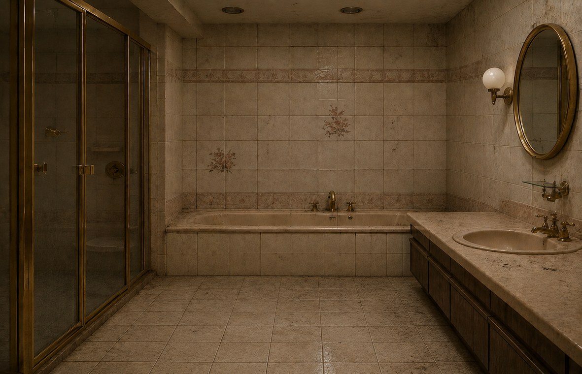 Bathroom before remodel with older tile, tub, shower, and vanity