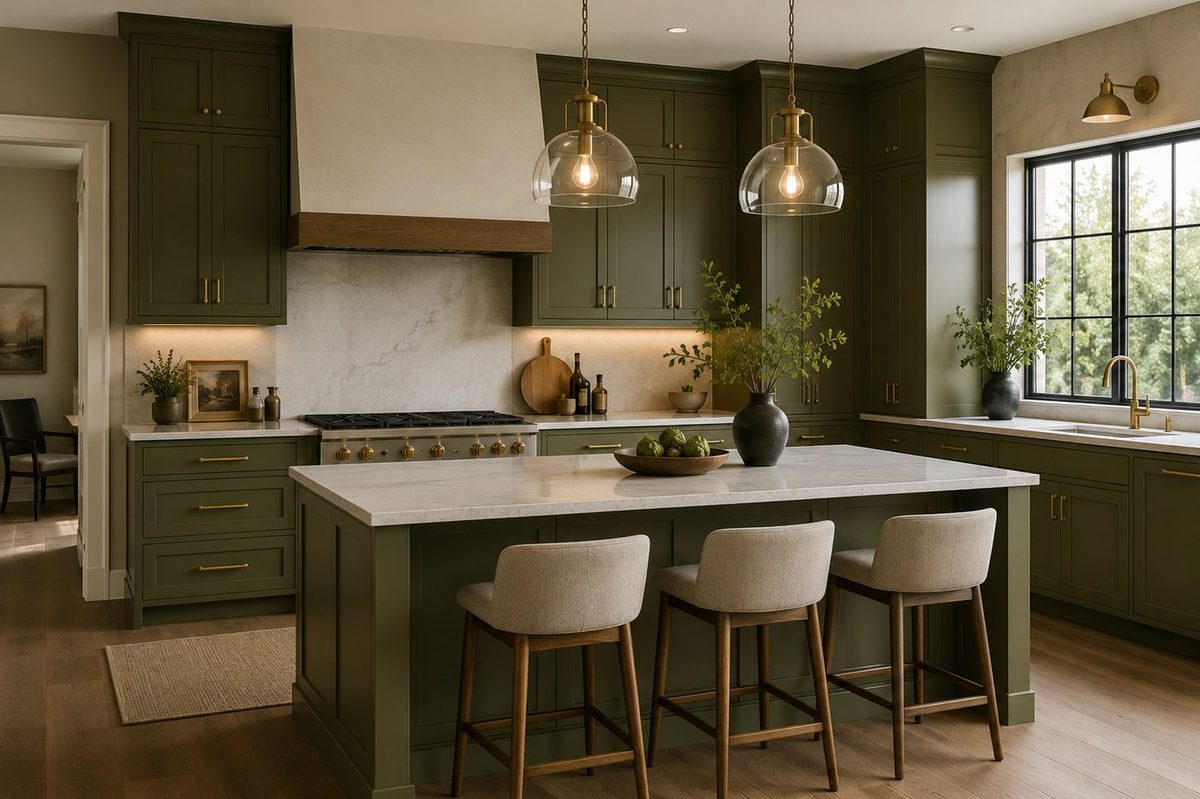 Kitchen after remodel with olive cabinetry, island, brass fixtures, and updated finishes