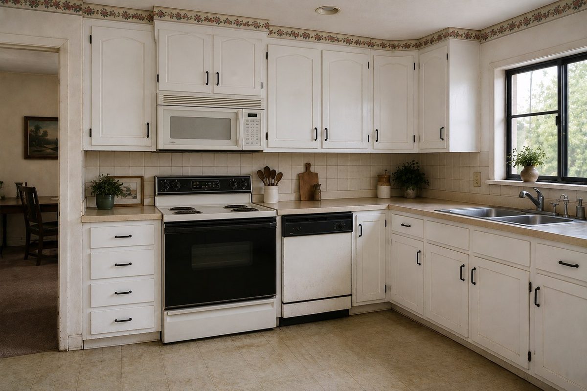 Kitchen before remodel with older white cabinets, appliances, and tile flooring